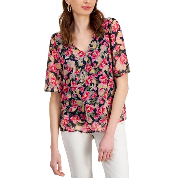 Women's Short Flutter-Sleeve Necklace Top Intrepid Blue Combo S