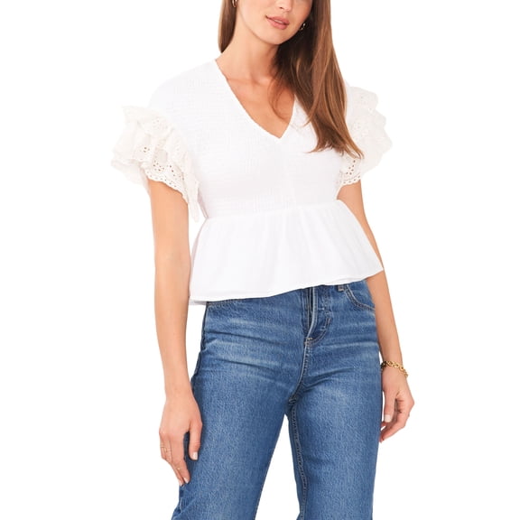 Women's Short Flutter Sleeve V-Neck Smocked Top Ultra White XS