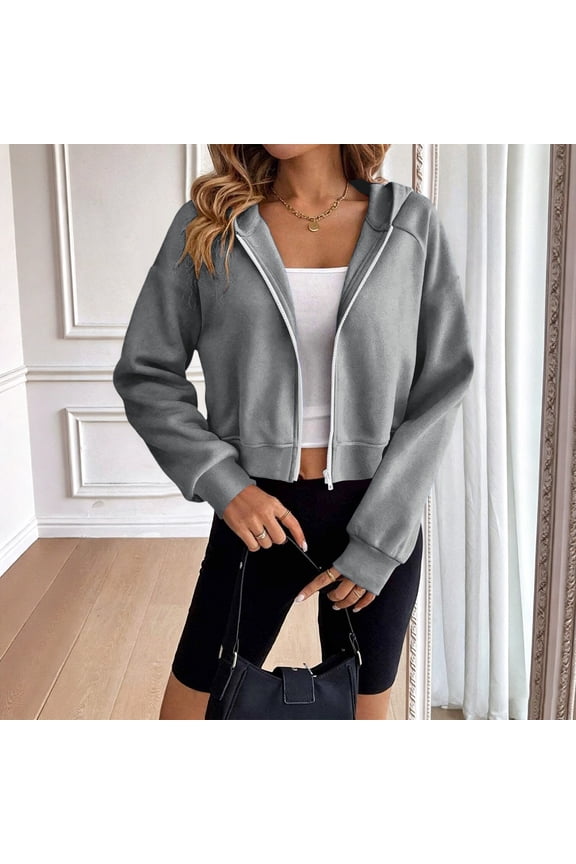 Women's Long-sleeved Jacket Baeitkot Women's Solid Color Long-sleeved Raglan Hooded Short Jacket Top Gray S