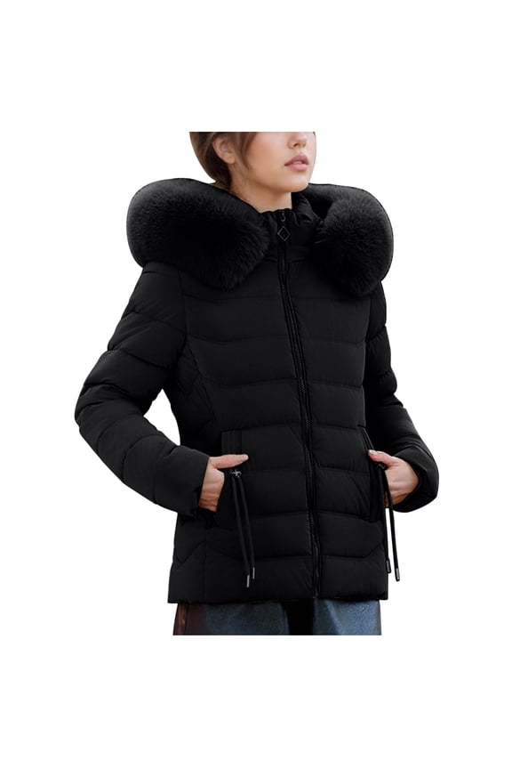 Women's Short Down Jacket Hooded Parka Fur Collar Puffer Jacket Classic-Fit Padded Jacket Quilted Puffer Coat Long Sleeve Peacoat Trendy Classic Overcoat
