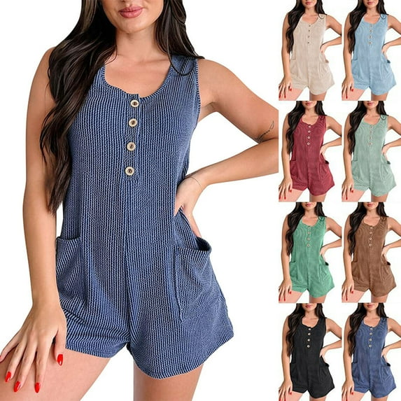 Women's Short Jumpsuit Romper Overalls, Solid Color Sleeveless Button Front Pockets, Casual Summer Vacation Beach Travel Lounge Wear Outfit for Women | Aestivo,Brown M