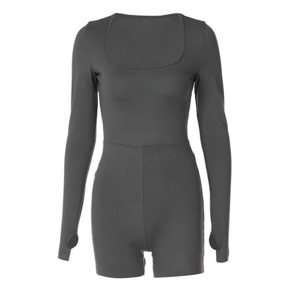 Women's Short Jumpsuit Solid Color Long Sleeve U-Neck Cutout Back Playsuit Summer Yoga Rompers