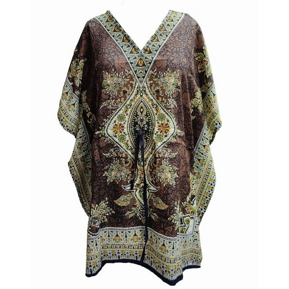 Women's Short Kaftan Maxi Tunic Caftan Gown Top Night Dress One Size Brown