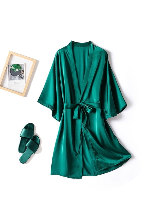 Women Satin Silk Belted Bathrobe Nightgown Set, Silky Smooth Loose Fit Elegant Dressing Gown Sleep Loungewear For Nighttime Wear Green XXXXL