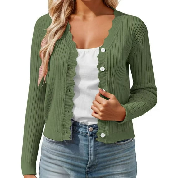Women's Short Knit Cardigan Scallop Collar Elegant Lightweight Comfortable Casual Loose Fit Spring Fall Layering Top