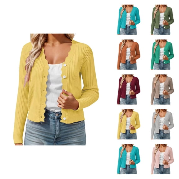 Women's Short Knit Cardigan With Scallop Collar Elegant Lightweight Comfortable Casual Loose Fit Spring Fall Layering Top Cardigan Sweaters for Women