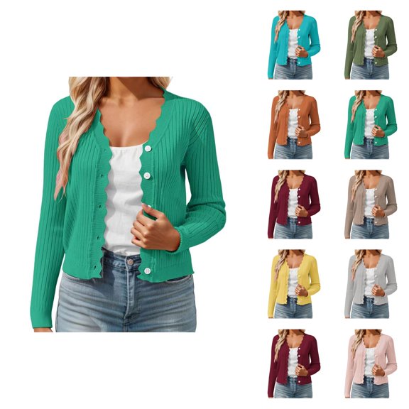 Women's Short Knit Cardigan With Scallop Collar Elegant Lightweight Comfortable Casual Loose Fit Spring Fall Layering Top Cardigan Sweaters for Women