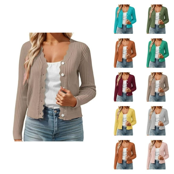 Women's Short Knit Cardigan With Scallop Collar Elegant Lightweight Comfortable Casual Loose Fit Spring Fall Layering Top Cardigan Sweaters for Women