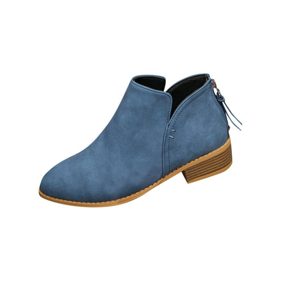 Women's Short Leather Ankle Boots, Solid Color Pointed Toe, Back Zipper, Thick Low Heel, Casual Spring Autumn Footwear Blue,36