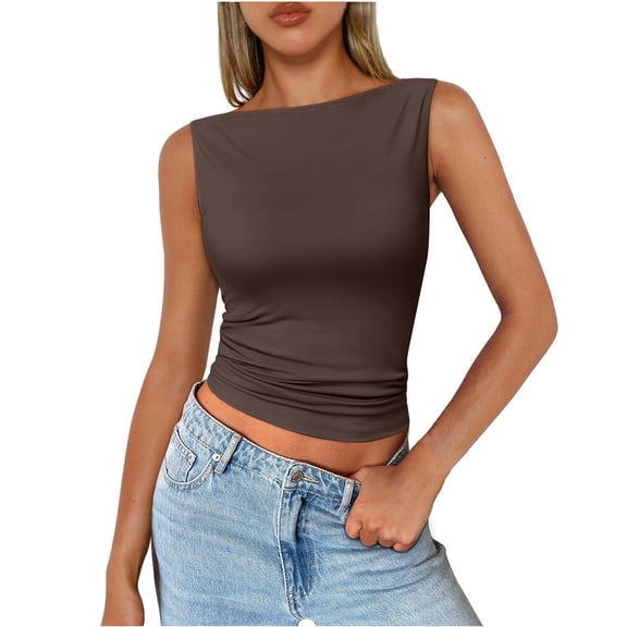 Women's Short Length Round Neck Sleeveless Tank Top, Sexy Fitted Basic Shirt for Layering or Club Outfits,Brown M