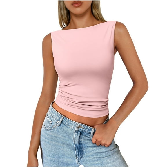 Women's Short Length Round Neck Sleeveless Tank Top, Sexy Fitted Basic Shirt for Layering or Club Outfits,Pink XS