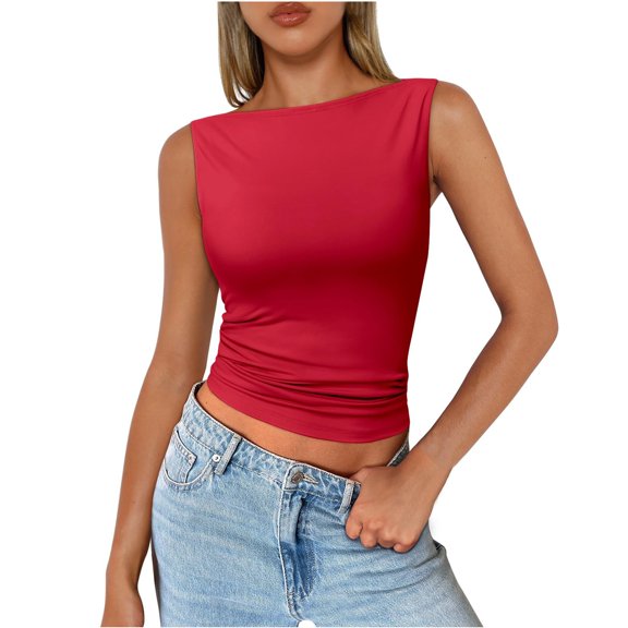 Women's Short Length Round Neck Sleeveless Tank Top, Sexy Fitted Basic Shirt for Layering or Club Outfits,Red L