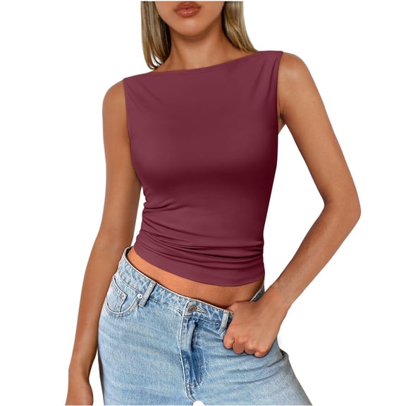 Women's Short Length Round Neck Sleeveless Tank Top, Sexy Fitted Basic Shirt for Layering or Club Outfits,Wine XL