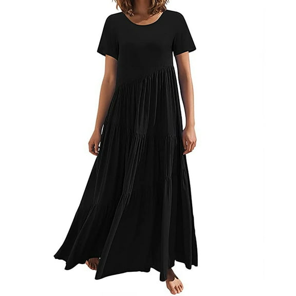 Women's Short/Long Sleeve Loose Plain Maxi Dresses Crewneck Casual Tiered Flowy Pleated Swing Beach Long Dresses