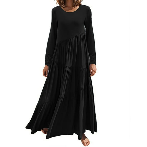 Women's Short/Long Sleeve Loose Plain Maxi Dresses Crewneck Casual Tiered Flowy Pleated Swing Beach Long Dresses