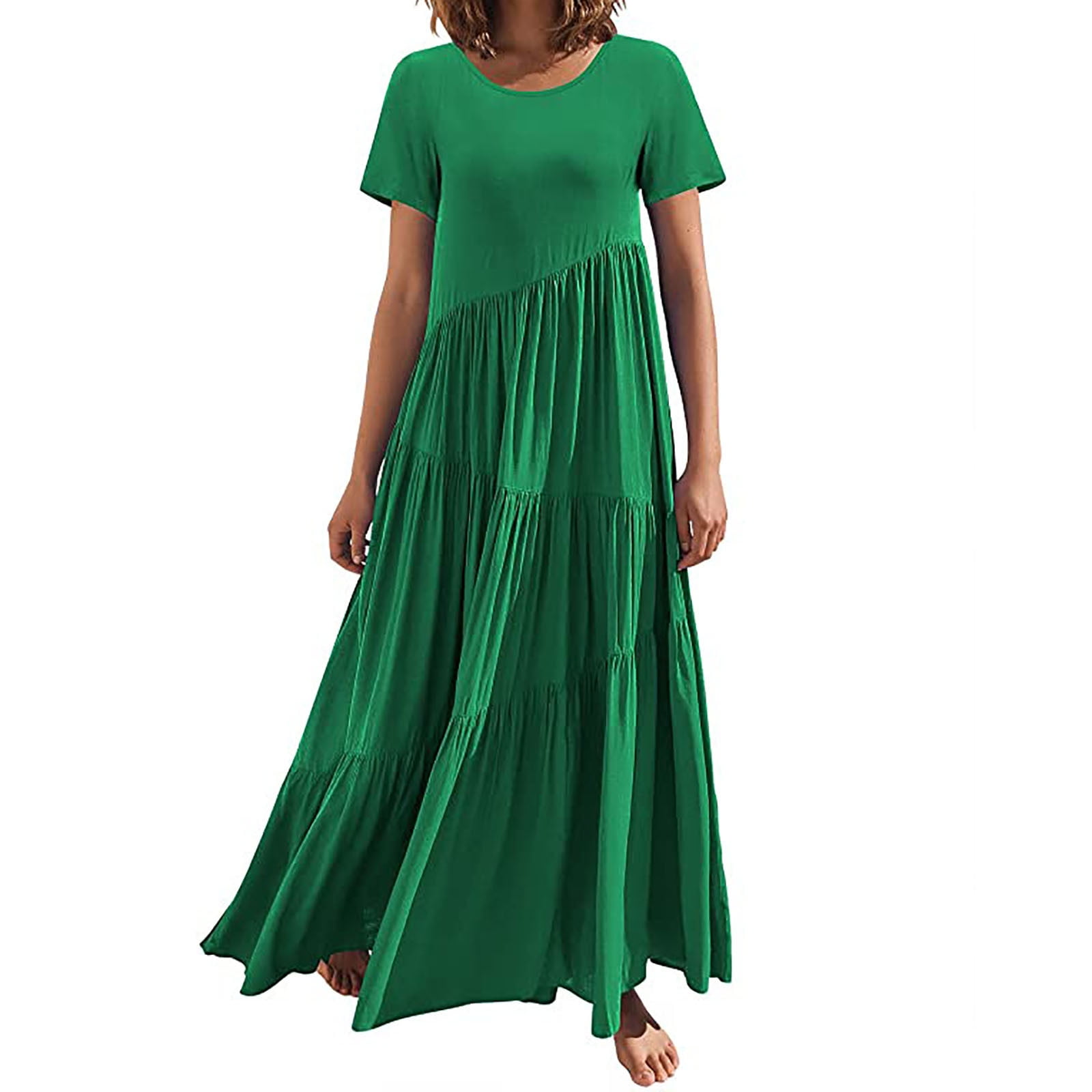 Women's Short/Long Sleeve Loose Plain Maxi Dresses Crewneck Casual Tiered Flowy Pleated Swing Beach Long Dresses