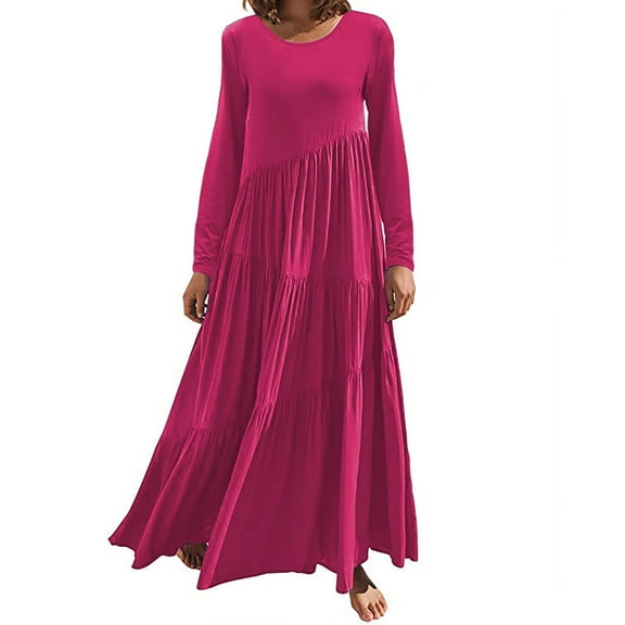 Women's Short/Long Sleeve Loose Plain Maxi Dresses Crewneck Casual Tiered Flowy Pleated Swing Beach Long Dresses