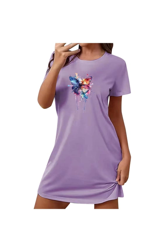 Women's Short Nightgown Cute Print Sleep Shirts Soft Nightshirt Lightweight Pajamas Dress Ladies Tunic Home Shirts