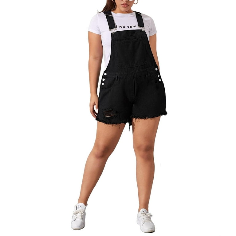 Women s Short Non Stretch Plain Casual Plain Straps Black Plus Size Denim Overalls