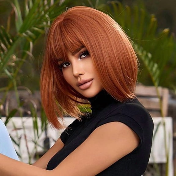 Women's Short Orange Bob Wig, Short Straight Bob Wig with Bangs, Made of Heat-resistant Fiber, 15 Inches