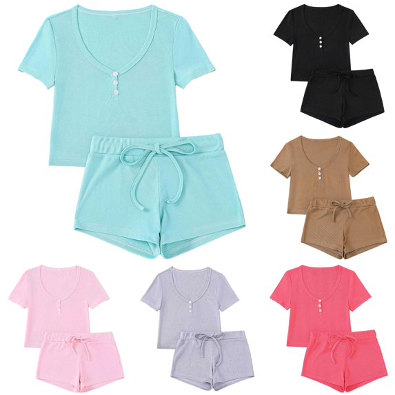 Women's Short Pajama Set Pure Color Crew Neck Top with Shorts Sleepwear