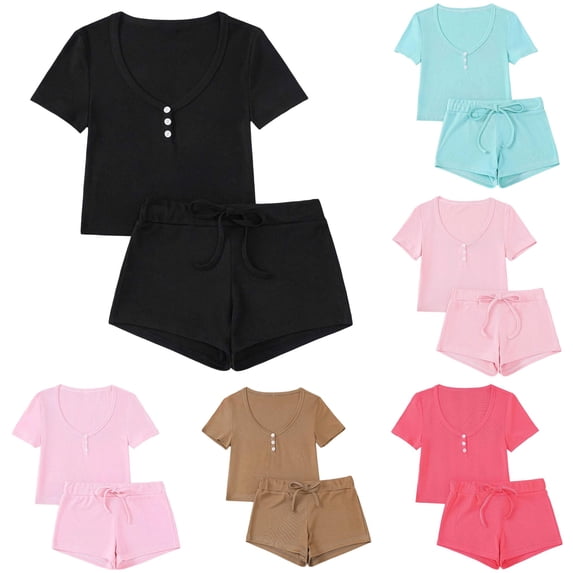 Women's Short Pajama Set Pure Color Crew Neck Top with Shorts Sleepwear