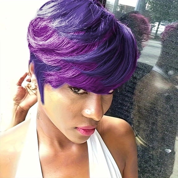 Womens Short Pixie Cut Synthetic Wig, Purple Violet Layered Hair with Magenta Highlights, Side-Swept Bangs, Full Cap Wig