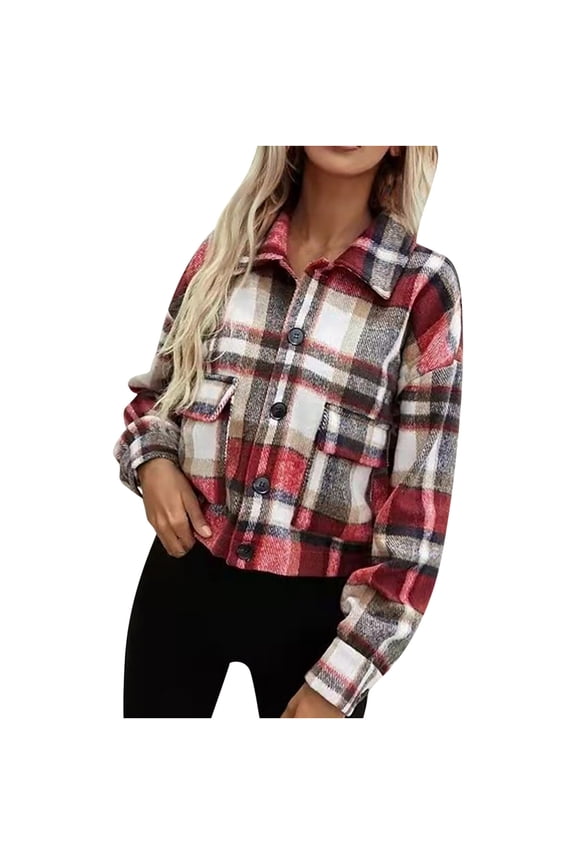 Women's Short Plaid Shirt Jacket Shacket Turn Down Button Fall Coat Cardigan Tartan Flannel Trench Outerwear Tops