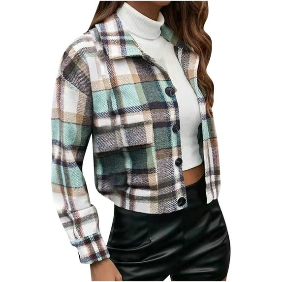 yoeyez Women's Short Plaid Shirt Jacket Shacket Turn Down Button Fall Coat Cardigan Tartan Flannel Trench Outerwear Tops