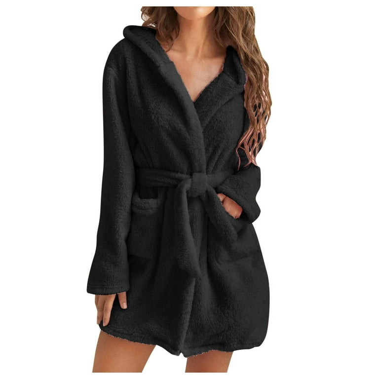 Women's Short Plush Bath Robe Hooded Plus Size Soft Tie Waist Bathrobe  Fluffy Fleece Nightgowns with 2 Pockets (X-Large, Black) 