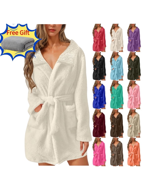 Women's Short Plush Fleece Robe - Soft Shawl Collar Bathrobe with Belt and Pockets, Cozy Wearable Lounge Wear for Home & Outdoor