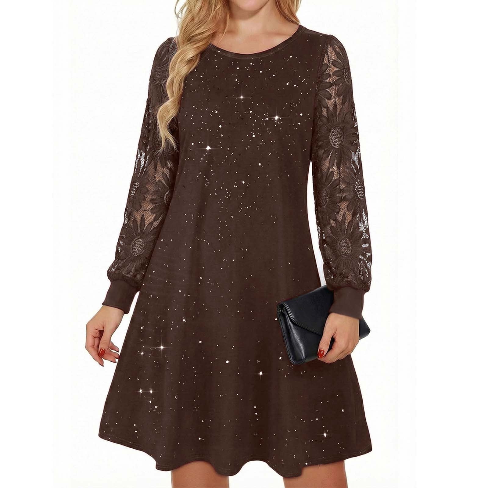 semi formal dresses sparkly Gealkoca Women's Short Prom Dress A-Line Sequin Cocktail Dress Women's Glitter T-Shirt Dress with Lace Long Sleeves, Size Navy blue