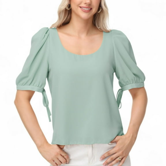 Women's Short Puff Sleeve Blouse with Scoop Neckline and Tie Cuff Detail for a Feminine Everyday Look - Large, Green