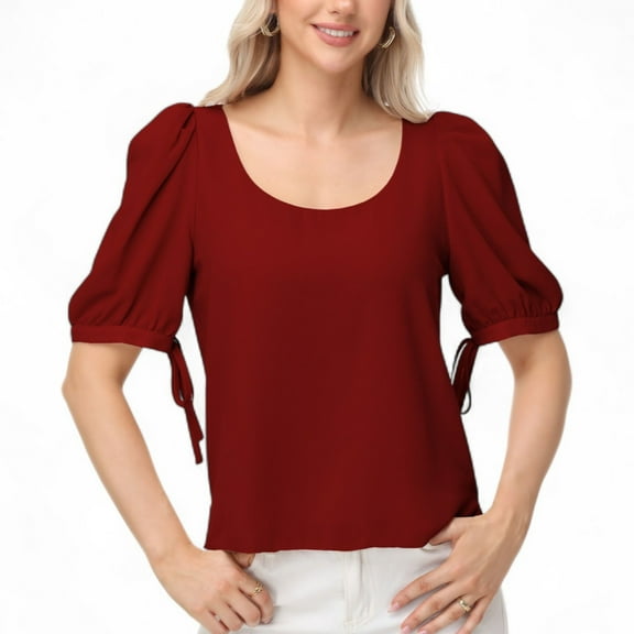 Women's Short Puff Sleeve Blouse with Scoop Neckline and Tie Cuff Detail for a Feminine Everyday Look - Small, Burgundy