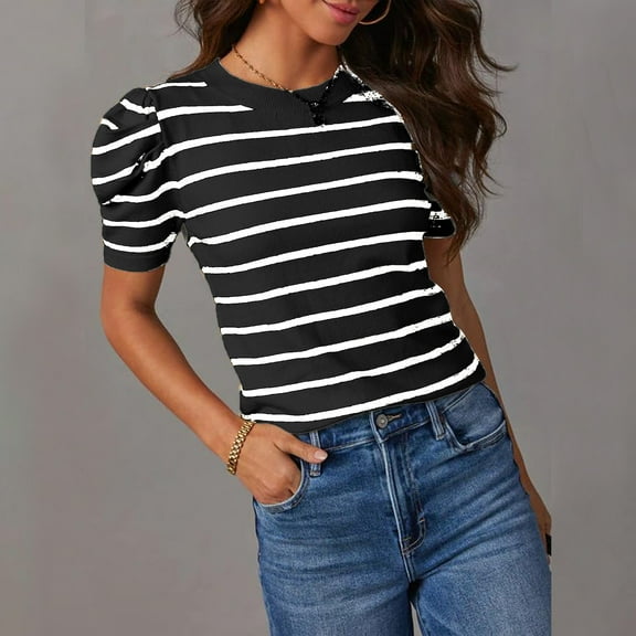 Women's Short Puff Sleeve Knit Crewneck Striped T-Shirt, Trendy Casual Summer Blouse, Comfortable Lightweight Top for Daily Wear, Perfect for Work, Vacations, and Weekend Outings