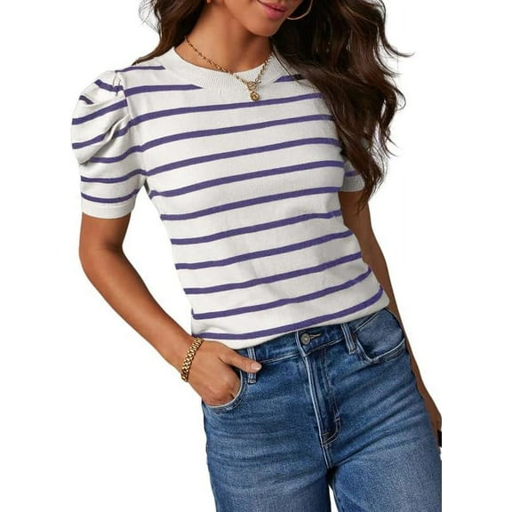 Women's Short Puff Sleeve Knit Tops 2024 Trendy Crewneck Striped T Shirts Casual Summer Blouses