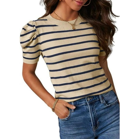 Women's Short Puff Sleeve Knit Tops 2024 Trendy Crewneck Striped T Shirts Casual Summer Blouses