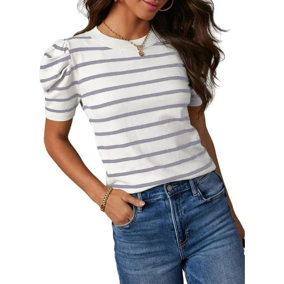 Women's Short Puff Sleeve Knit Tops 2024 Trendy Crewneck Striped T Shirts Casual Summer Blouses