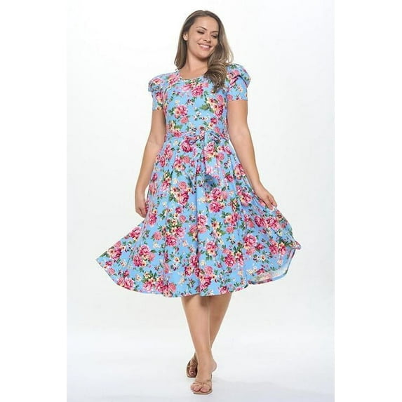 Women's Short Puff Sleeve Midi Floral Cocktail Flare Tea Party, Formal and Casual Dresses(Blue Hot Pink Small-Medium Size)