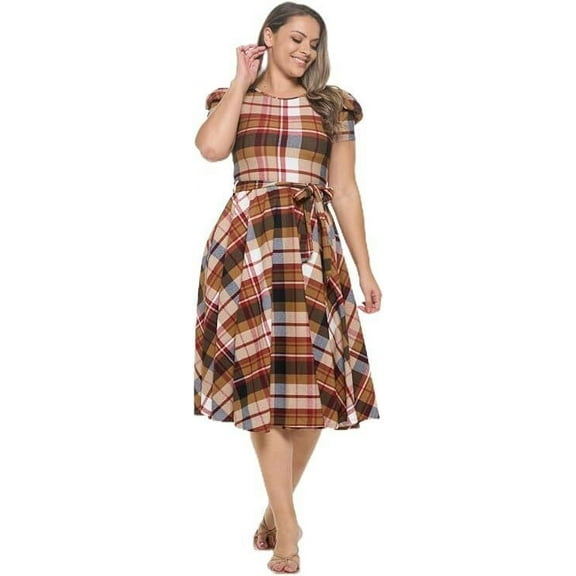 Women's Short Puff Sleeve Midi Plaid Cocktail Flare Tea Party, Formal and Casual Dresses(Brown Plaid 1X-2X Plus Size)