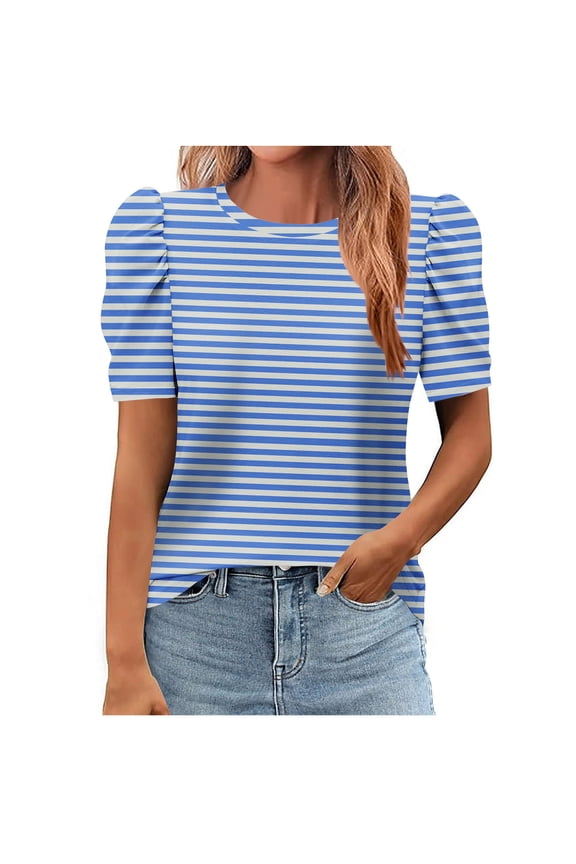 Women's Short Puff Sleeve Tops 2025 Trendy Crew Neck Striped T Shirts Casual Loose Fit Summer Basic Blouses (2XL, Blue)