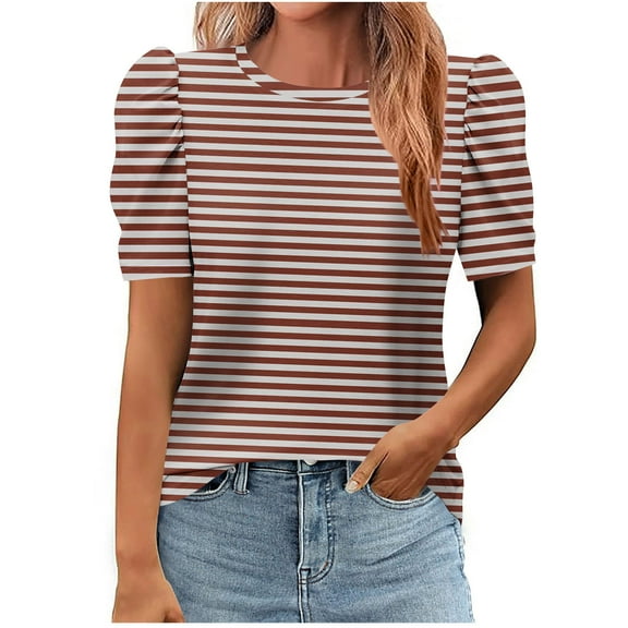 Women's Short Puff Sleeve Tops 2025 Trendy Crew Neck Striped T Shirts Casual Loose Fit Summer Basic Blouses (S, Brown)