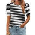 thumbnail image 1 of Women's Short Puff Sleeve Tops 2025 Trendy Crew Neck Striped T Shirts Casual Loose Fit Summer Basic Blouses (XL, Black 2), 1 of 5