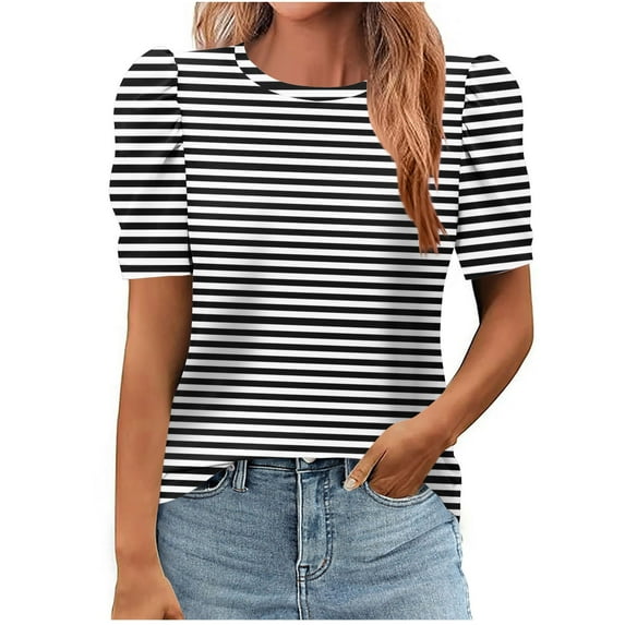 Women's Short Puff Sleeve Tops 2025 Trendy Crew Neck Striped T Shirts Casual Loose Fit Summer Basic Blouses (XL, Black 2)