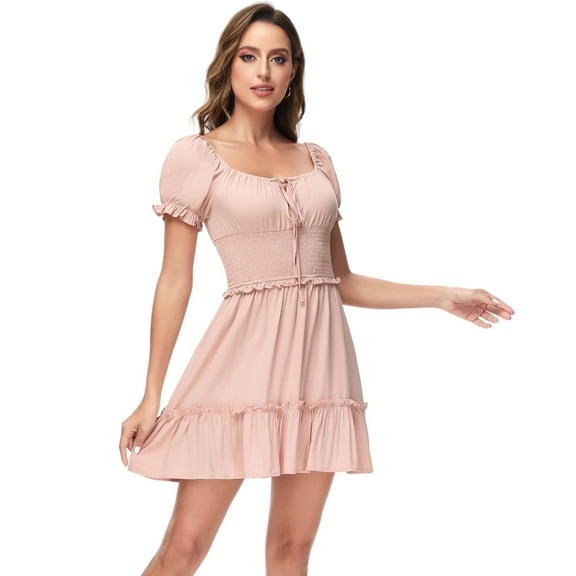 Women's Short Puffed Sleeve Drawstring Square Neck Smocked Flared Dress - Large, Pink