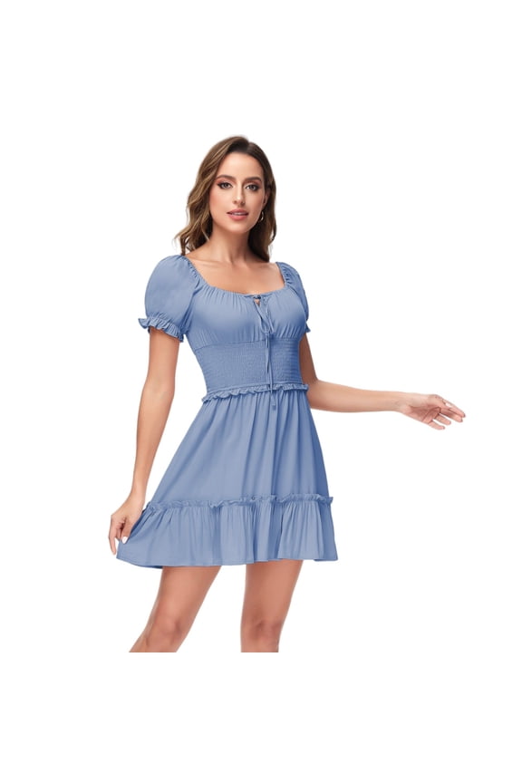 Women's Short Puffed Sleeve Drawstring Square Neck Smocked Flared Dress - Medium, Blue