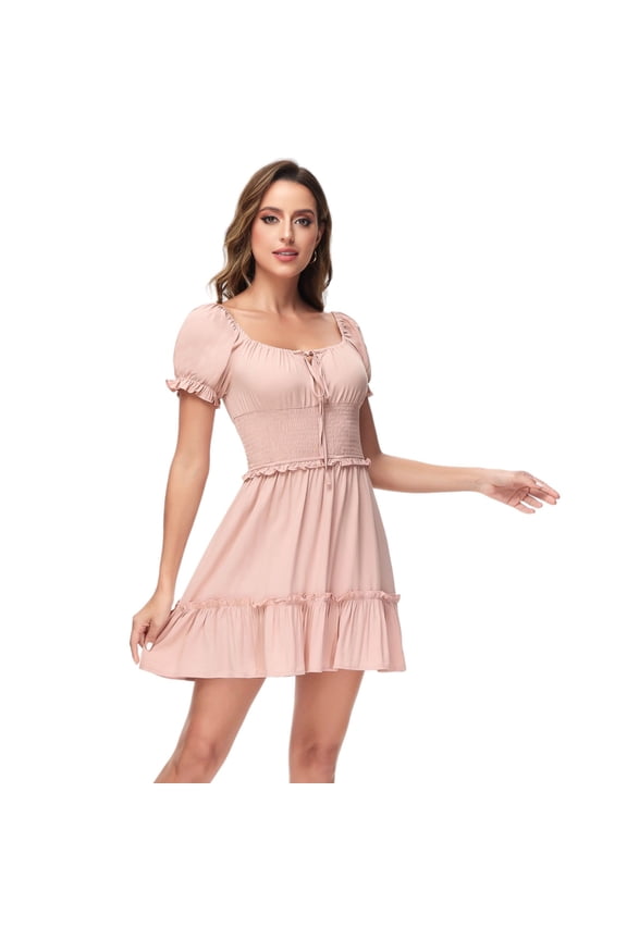 Women's Short Puffed Sleeve Drawstring Square Neck Smocked Flared Dress - Medium, Pink