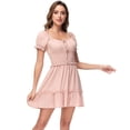 thumbnail image 1 of Women's Short Puffed Sleeve Drawstring Square Neck Smocked Flared Dress - Small, Pink, 1 of 7