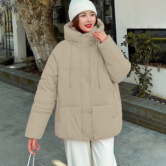 Women's Short Puffer Jacket, Hooded Quilted Coat, Casual Bomber Style Outerwear, Lightweight Warm Winter Coat, Loose Fit Cropped Padded Jacket, Everyday Wear Khaki M