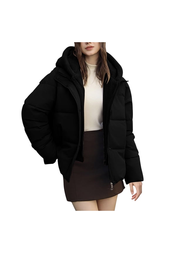 Women's Short Puffer Jacket Long Sleeve Winter Clothing 2 in 1 Fleece Lined Jacket with Hood Black 2XL